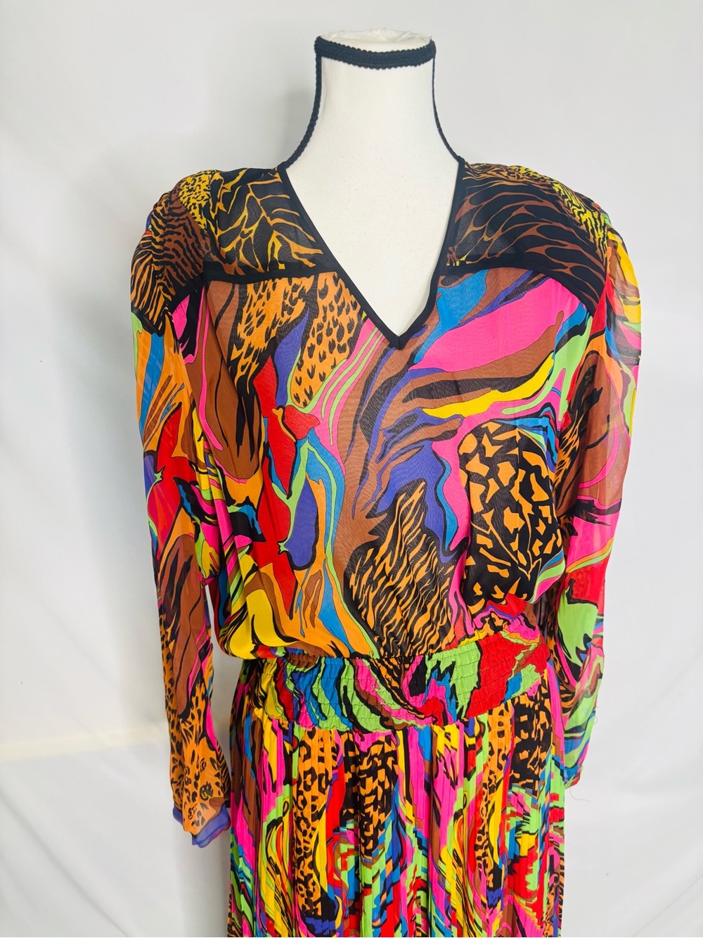 Vintage 80s Diane Freis Bold Leopard Colorful Dress with Matching Pleated Jacket